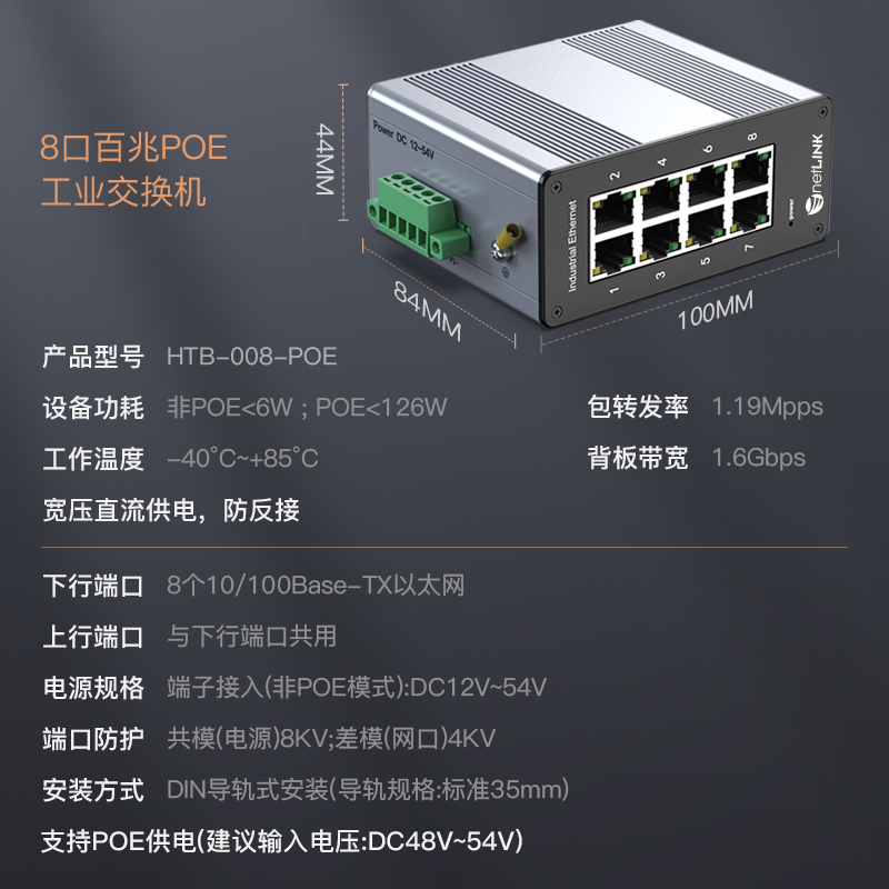 百兆8口PoE工业级交换机 导轨式 DC12-54V 不含电源 一台