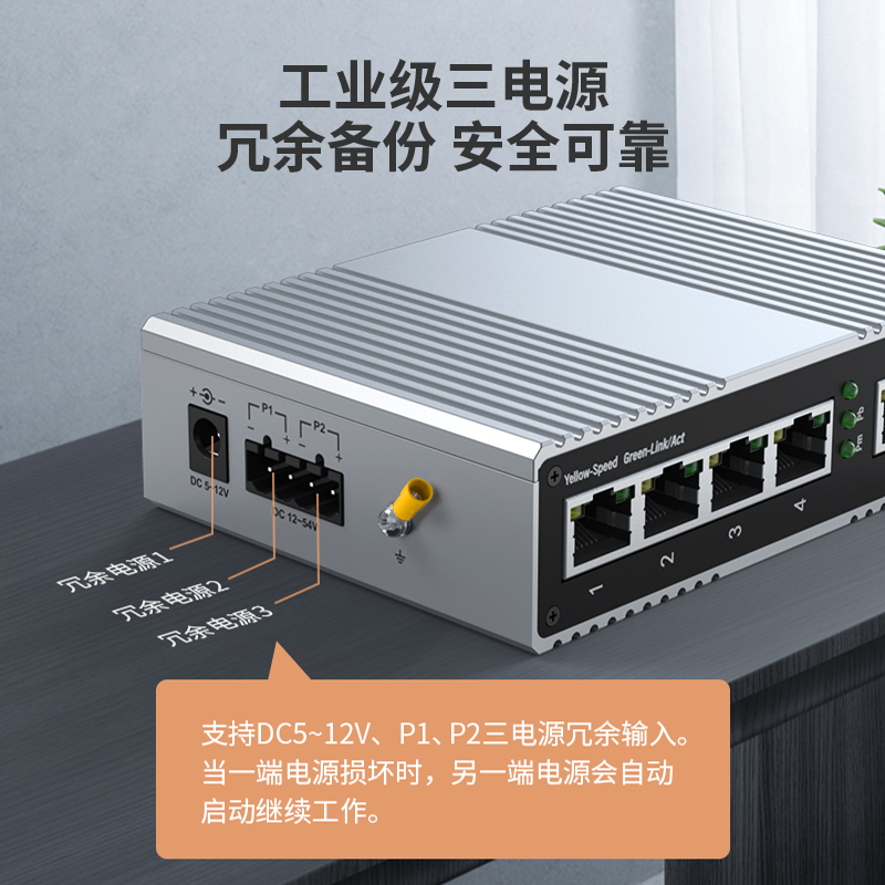 千兆5口工业级交换机 导轨式 含DC24V1A电源适配器 一台